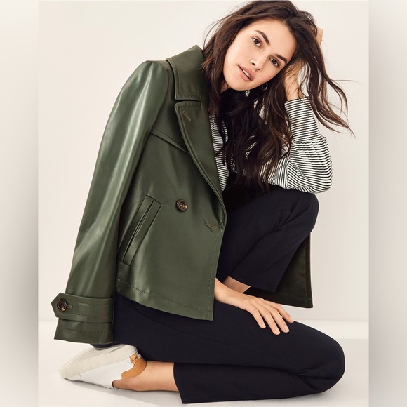 Ann Taylor Green Leather Short Trench Coat - Picture 2 of 8